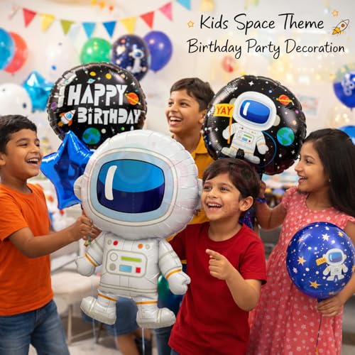 Image of Propsicle Astronaut Space Theme Foil Balloon Set with Blue Star and Round Happy Birthday Balloons for Kids Birthday Decoration Pack of 5, Air & Helium Support