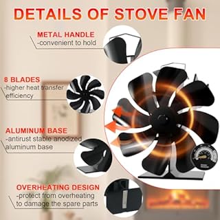 Tomersun 8-Blade Log Burner Stove Fan Heat Powered- Wood Burning Stove Fan with Thermometer for Fireplace/Log Burner/Woodburner/Multifuel Stoves, Silent Eco-Friendly