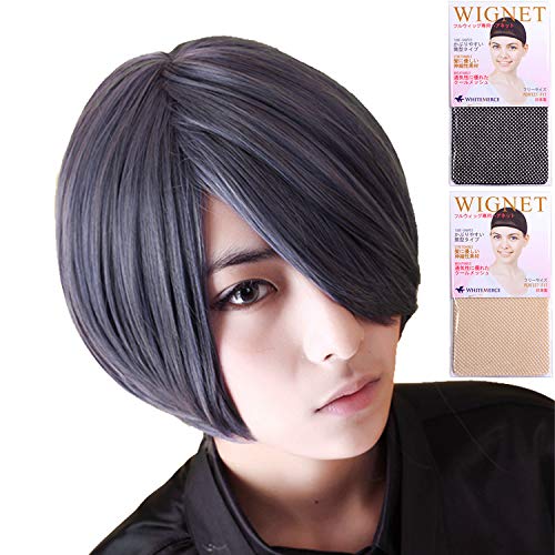 CaseEden 黒執事 シエル 夏爾少爺 ハイキュー 影山飛雄 青の祓魔師 奥村燐 BRAVE10 海野六郎 CODE:BREAKER 大神零 コスプレ用ウィッグ ストレートショート 35cm 耐熱 ブルー+グレーミックス & ホワイトメルチェ ウィッグネット2個セット