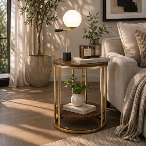 Image of 2 Tier Round Coffee Table with Storage Shelf | MDF Wooden Faux Marble Pattern Top Gold Metal Frame | Side Table, Bedside Nightstand for Living Room Bedroom Balcony Office | Brown Gold (54x40cm)