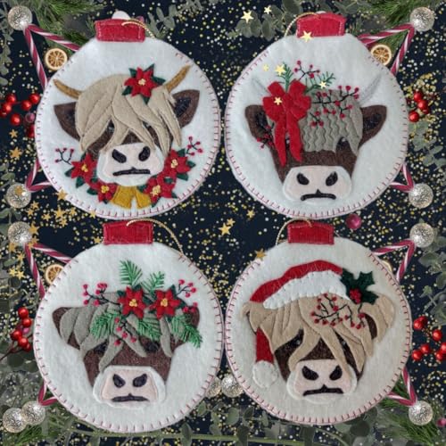 Image of Rachel's Of Greenfield Christmas Cows Ornament Kit, Cute DIY Christmas Ornament, Christmas Crafts for Beginners, Makes Four 4 inch Ornaments, Cute Highlander Cow Christmas Decor