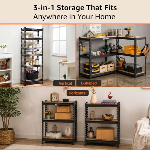Image of Amazon Basics 6-Tier Storage Rack | Bolt-Free Assembly | Metal Stand & Thick MDF Board | 175kg Capacity Per Shelf | 72H x 24W x 12D inch Adjustable Shelf Rack for Home, Garage & Shop | Black