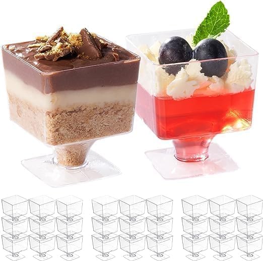 100ml Acrylic Dessert Cup with Stand | Mini Footed Clear Square Parfait Cups | Reusable Serving Glasses for Mousse, Trifle, Pudding, Fruit, Ice Cream & Home, Party Desserts (20 Pcs)