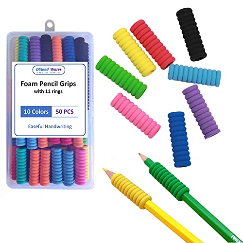 OSteed 50 Pcs Foam Pencil Grips of 11 Rings for Kids and Adults Handwriting, 10 Colors Pencil Holder Grippers for Relieving Fingers, Mechanical Pencil Holder Cushion