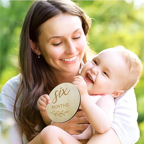 HAWAKA 13 Pieces Baby Monthly Milestone Cards, Wooden Baby Announcement Cards, Wooden Baby Milestone Cards Milestone Discs Photo Props Baby Gift Set for Baby Shower - Image 3