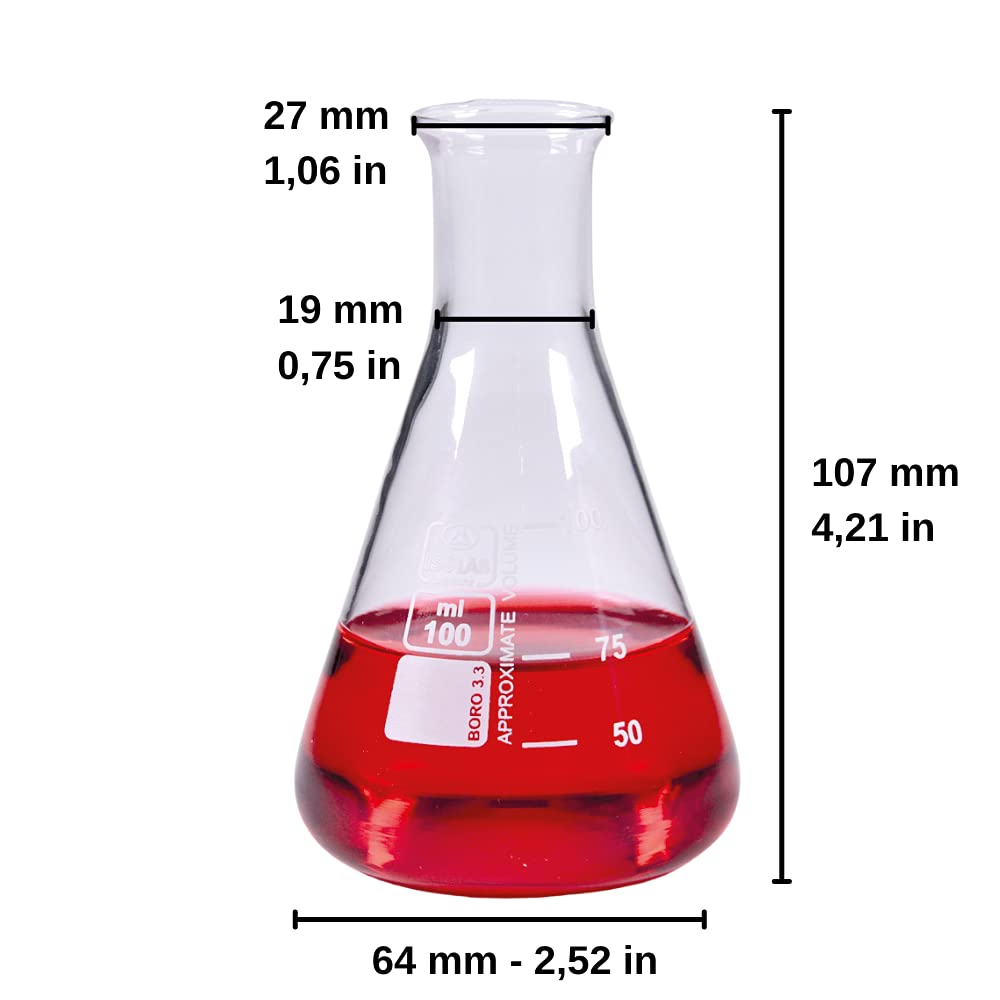 ISOLAB USA - Set di boccette Erlenmeyer in vetro trasparente - collo stretto - 3 misure - 50 ml, 100 ml e 250 ml (50/150/250 ml, vetro borosilicato, 3)