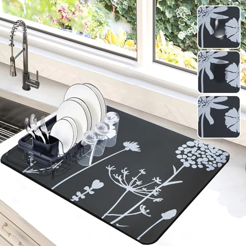 Image of Dish Drying Mat for Kitchen Counter, 12 inchx19 inch Rubber Backed (Gray Daisy)