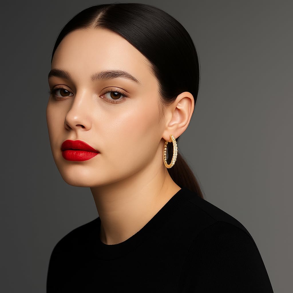 14K Gold Hoop Earrings with Dual-Sided CZ for Women, Hypoallergenic for Sensitive Ears, 15/20/30mm