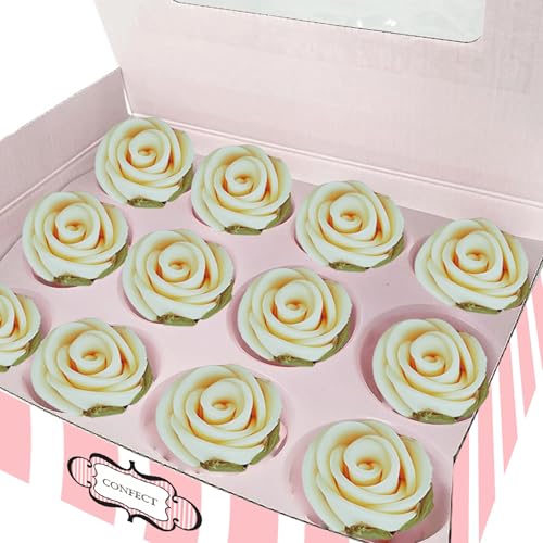 Confect Edible Flower | Edible Flower for cake decorations | Edible Flower Cupcake Toppers | Cupcakes & Doughnut Edible Toppers | Classic Pearl Ivory Sugar Flower- Pack of 12