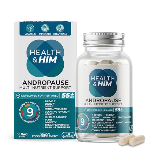 Health & Him Andropause 55+ Supplements for Men - with Shilajit & Tribulus Terrestris - Mens Multivitamin 60 Capsules. Vegan, Gluten-Free