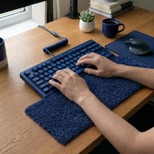 Image of Soft Plush Keyboard Carpet Wrist Rest Pad - Fluffy Ergonomic Wrist Support & Desk Nap Pillow for Computer, Laptop, Office Work & Gaming - Fuzzy Shag Desk Rug Cushion (45 x 15 cm) - Blue