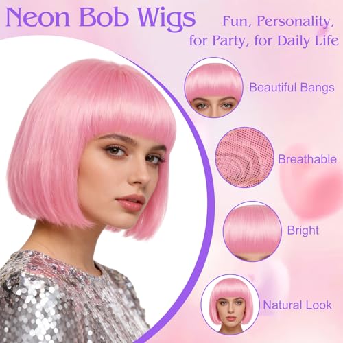 Image of MEEZY 2 Pcs Colorful Bob Wigs with Bangs Pink Purple for Women, Neon Funny Wig Short Bob Hair with Heart Sunglasses Hair Cap for Halloween Costume Cosplay Birthday Bachelorette Party Carnival