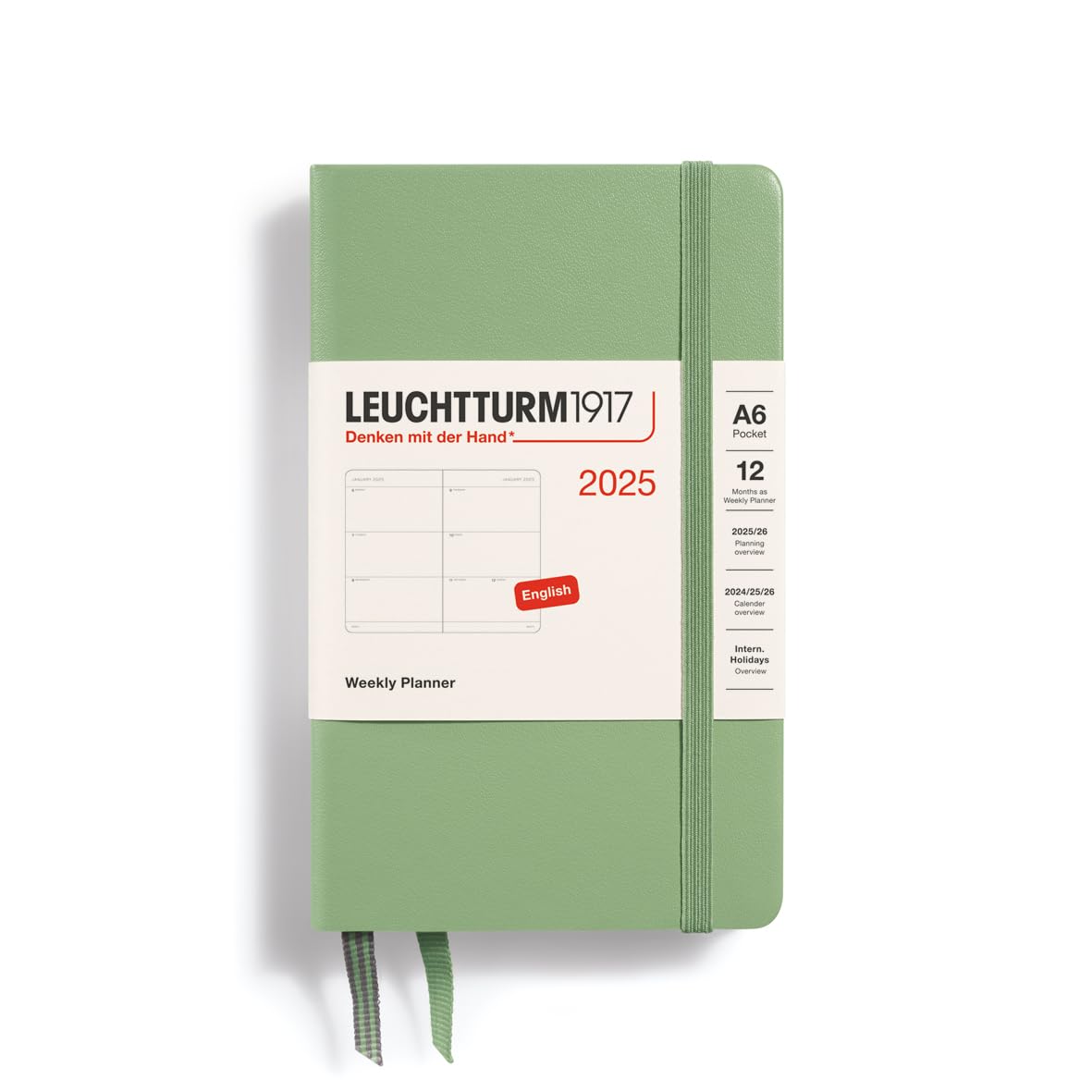LEUCHTTURM1917 370780 Weekly Planner 2025, Pocket A6 Hardcover - 12 Month Planner, Lined - Sage, English
