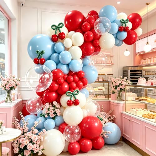 Image of Blocesa Cherry Red White and Blue Balloons Arch Kit, Cherry Party Decor.