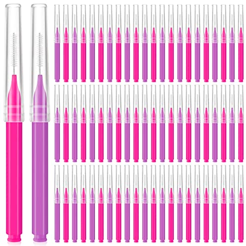 Lallisa 100 Pieces Micro Eyebrow Spoolie Brush with Cap, Pink, Purple