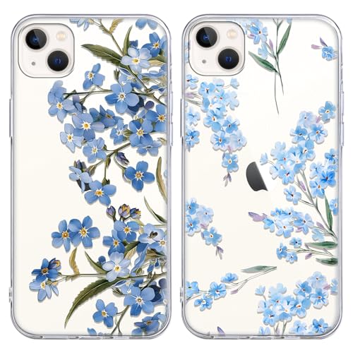 iPhone 13 Mini hoesje TPU transparant blauw bloemen, dun, zacht, schokbestendig, slank, camera bescherming