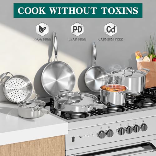 Image of EWFEN Pots and Pans Set, 3 Ply 11 Piece Stainless Steel Cookware Set, Oven Dishwasher Safe | Induction Compatible Frying Pans, Saucepans, Saute Pan & Stock Pot, PFOA Free Kitchen Skillet