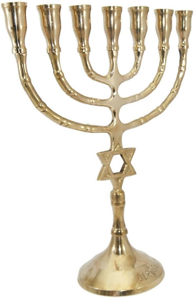 Classic Gold Coloured Brass Jewish Menorah 7 Branch Arm Candle Holder w/Magen David for Shabbat Decoration from Jerusalem 22x16 cm/6.5x8.5