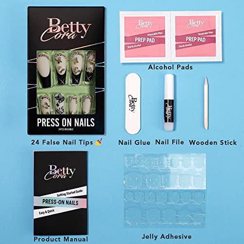 Hand-Made Press On Nails, Bettycora Long Coffin With Rhinestone Butterfly Design, 12 Sizes 24 Nail Kit With Glue,Black Butterfly #TOP1