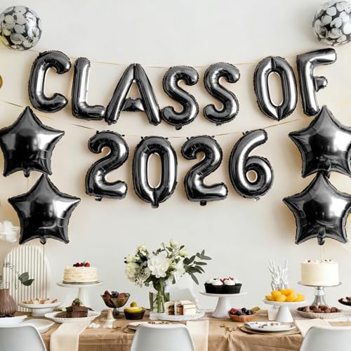 Image of Graduation Balloons, Class of 2026 Balloons, 16 Inch Black Grad Class of 2026 Letters Foil Balloon with Star Balloons, Class of 2026 Decorations for High School College Graduation Party Decorations