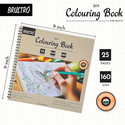Image of BRUSTRO DIY Colouring Book for Adults | 9x9 inches, 160 GSM, 25 Perforated Sheets | Ideal for Fineliners, Colour Pencils, Brush Pens, Markers.