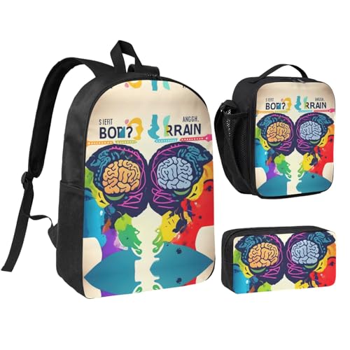 Sac à dos 3 en 1 motif cerveau gauche droit trousse et boîte à déjeuner noir 43 cm