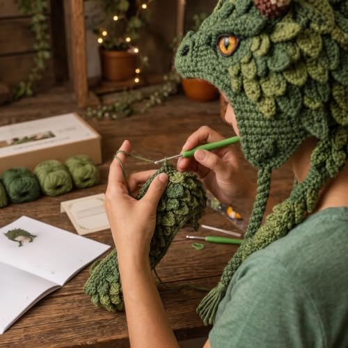 Fantasy Hood Hat DIY Crochet Kit Beginner Animal Earflap Warm | Dragon Frog Fox Wolf Yarn Hooks Needles Patterns Soft Comfortable Relaxing Creative - 5