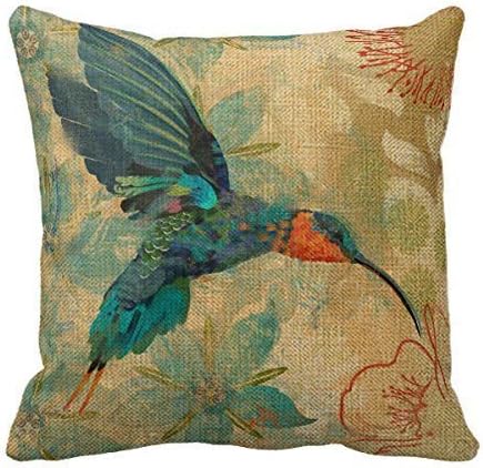 Cotton Linen Square Fashion Blue Orange Hummingbird Bird Teal Aqua Red Flowers Pillowcases 20 inch X 20 inch
