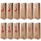 12 Geschenktüten für Wein, Weihnachten Flaschentüten Geschenktüten 36 x 8 x 13 cm, Weintüten Kraftpapier Flaschen Tüten Geschenktaschen mit Henkel für Wein Whisky Champagner, Neujahr Flaschentasche