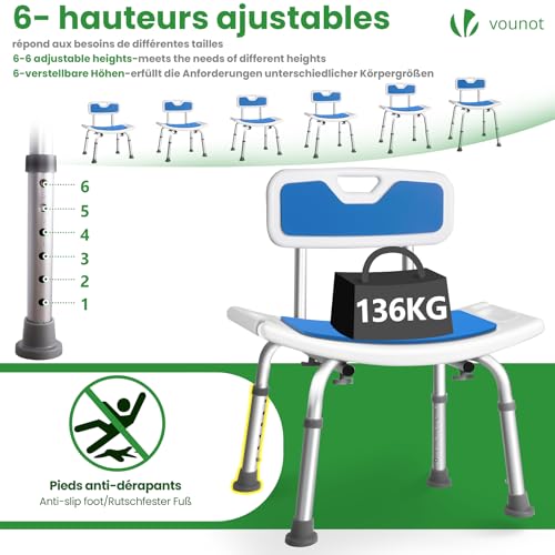 Chaise de douche réglable antidérapante 136 kg VOUNOT