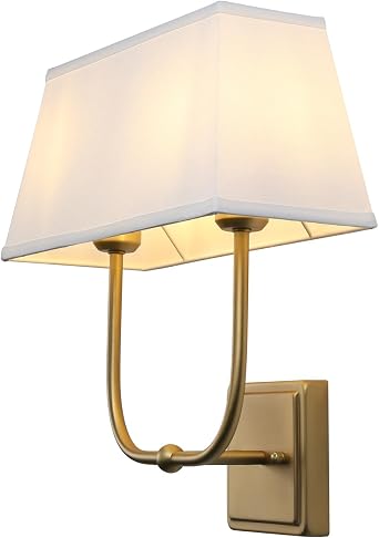 Transitional Double Sconce Antique Brass Gold Sconce | 2 Lights Indoor Sconce Wall Lighting with White Textile Fabric Square Shade for Bedroom Bedside Living Room