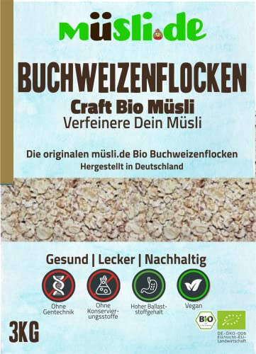 müsli.de BIO Buchweizenflocken 1x3 kg, für eine vegane Ernährung geeignet. Aromatisch nussiger Geschmack. Unterstützt Deine basische Ernährung!