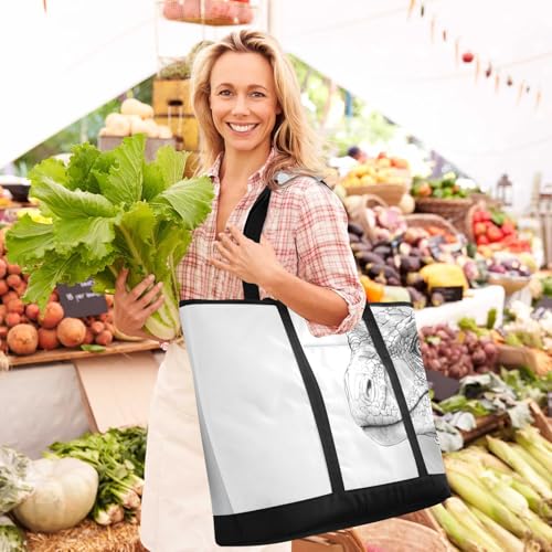 Dinosaur Black White Peeking Large Insulated Reusable Tote Bag for Grocery Shopping for Women Men, Cooler Bag with Zippered Top & Handles for Travel Beach Picnic2