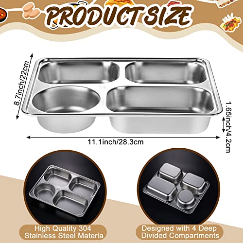 Bokon 10 Pack Stainless Steel Rectangular Divided Plates Tray, 4 Sections Metal Dinner Plates For Adults Kids Food Portion Control Camping Lunch Snack, Silver 11.1 X 8.7 X 1.7 Inches (4 Sections) #TOP1