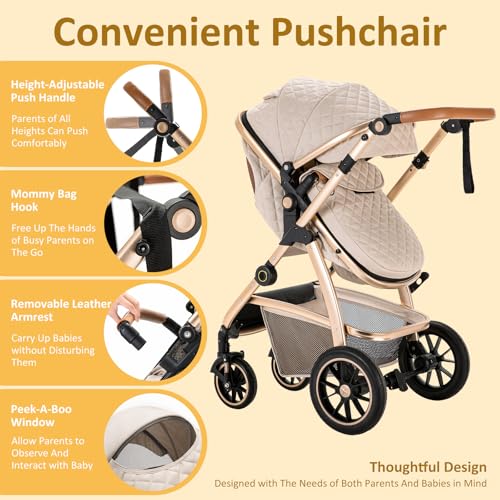 Miniatura 3 de Kakbgee - Cochecito Combinado 3 En 1, Cochecitos Con Asiento De Coche Ece R129, Cochecito De Paseo Ajustable En Altura, Capazo Flexible Convertible Marco De Aluminio Para Recién Nacidos 0-4 Años