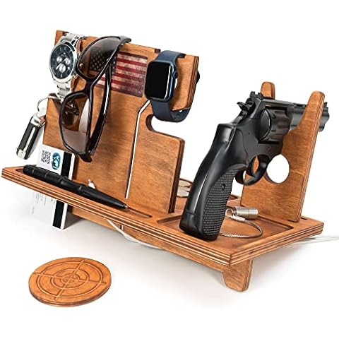 ROSTMARYGIFT Stand Gun Tray Organizer Wood gun holder Hangun safe Pistol stand Watch charger American Flag EDC tray Law enforcement Gifts for Police Officers Men Gun concealment décor for gun lovers Cover