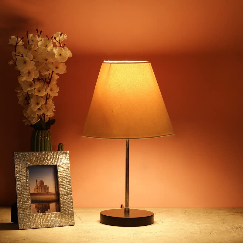 Image of Silver Table Lamp with Handmade Conical Cream Shade, Minimalist Design, for Couple Dinner /Coffee Table /Restaurant /Bedroom, On /Off Switch Long Wire