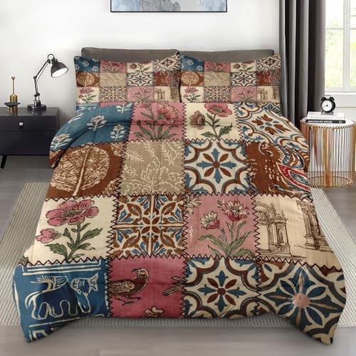 Pamnest Comforter Set Full Size, Colorful Country Vintage Soft Bedding for Kids and Adults, Geometric Plaid Patchwork Retro Comforter Set with Pillowcase, for Bedroom Bed Decor