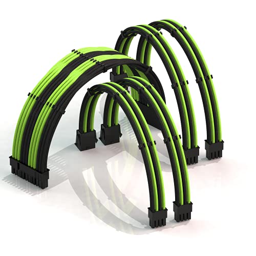 LINKUP - 30cm Super Soft and Flexible PSU Cable Extension Sleeved Custom Mod GPU PC Braided w/Comb Kit?1 x 24 P (20+4)?2 x 8 P (4+4) CPU?2 x 8 P (6+2) GPU Set?300mm - Blackgreen