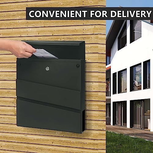 Image of Wall-Mount Mailbox with Lock and Keys, Drop Box for House Outside, Locking Security, Rust-Proof Mail Box with Newspaper Compartment, 14.57 x 14.57 x 4.33 Inch, Dark Grey, MD021 X-Large