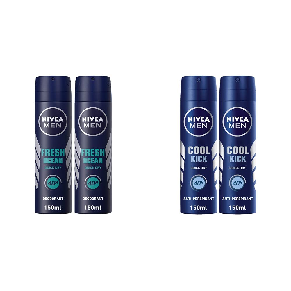NIVEA MEN Deodorant Spray for Men, Fresh Ocean Aqua Scent, 2x150ml & MEN Deodorant Spray for Men, Cool Kick Fresh Scent, 2x150ml