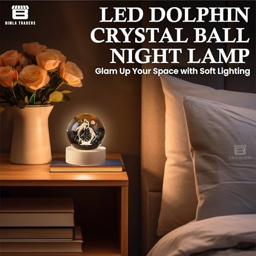 Image of 3D Dolphin Crystal Ball Night Lamp | Table LED Light with Wooden Stand for for Home Decor, Birthday Gift for Teens Boys and Girls | (Heart Dolphin)
