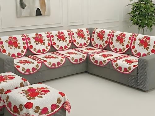 Image of Fab Nation Sofa Cover L Shape 5 Seater with Corner L Type Fully Covered Sofa Set for Living Room | Cotton Sofa Slipcovers for 3 + 2 Seaters Cover + 2 Setty Cover Set | Pink Rose