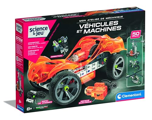 Clementoni | Mon Atelier de Mécanique Véhicules et Machines 8 Ans+ | Moteur Électrique, Boîte de Vitesses Fonctionnelle | 50 Modèles à Construire | Activité de Construction | STEM