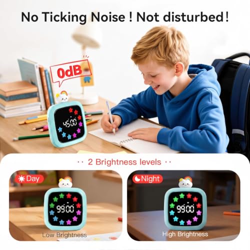 Image of Yunbaoit Digital Visual Timer for Kids, 99-Minute Countdown, Rechargeable | Cyan Protective Case, 19 Music Alarm, Pause Function, 9 Optional DIY Color Star Display, Rainbow Doll, for Homeschool