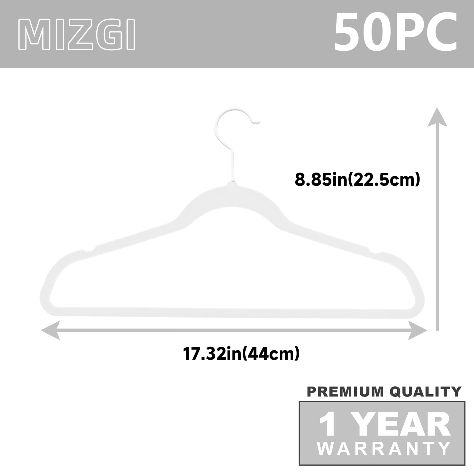 MIZGI Premium-Samt-Kleiderbügel, robust, rutschfeste Filz-Kleiderbügel, Samt-Kleiderbügel, weiß beschichtete Haken, platzsparende Kleiderbügel, 50 Stück