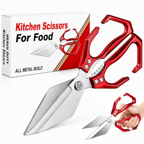 Multifunctional Heavy Duty Poultry Shears, Japanese High-Carbon Steel Kitchen Shears, Kitchen Scissors for Food,Stainless Steel Meat Scissors for Cutting Chicken, Turkey, Meat and Food Prep (Red)