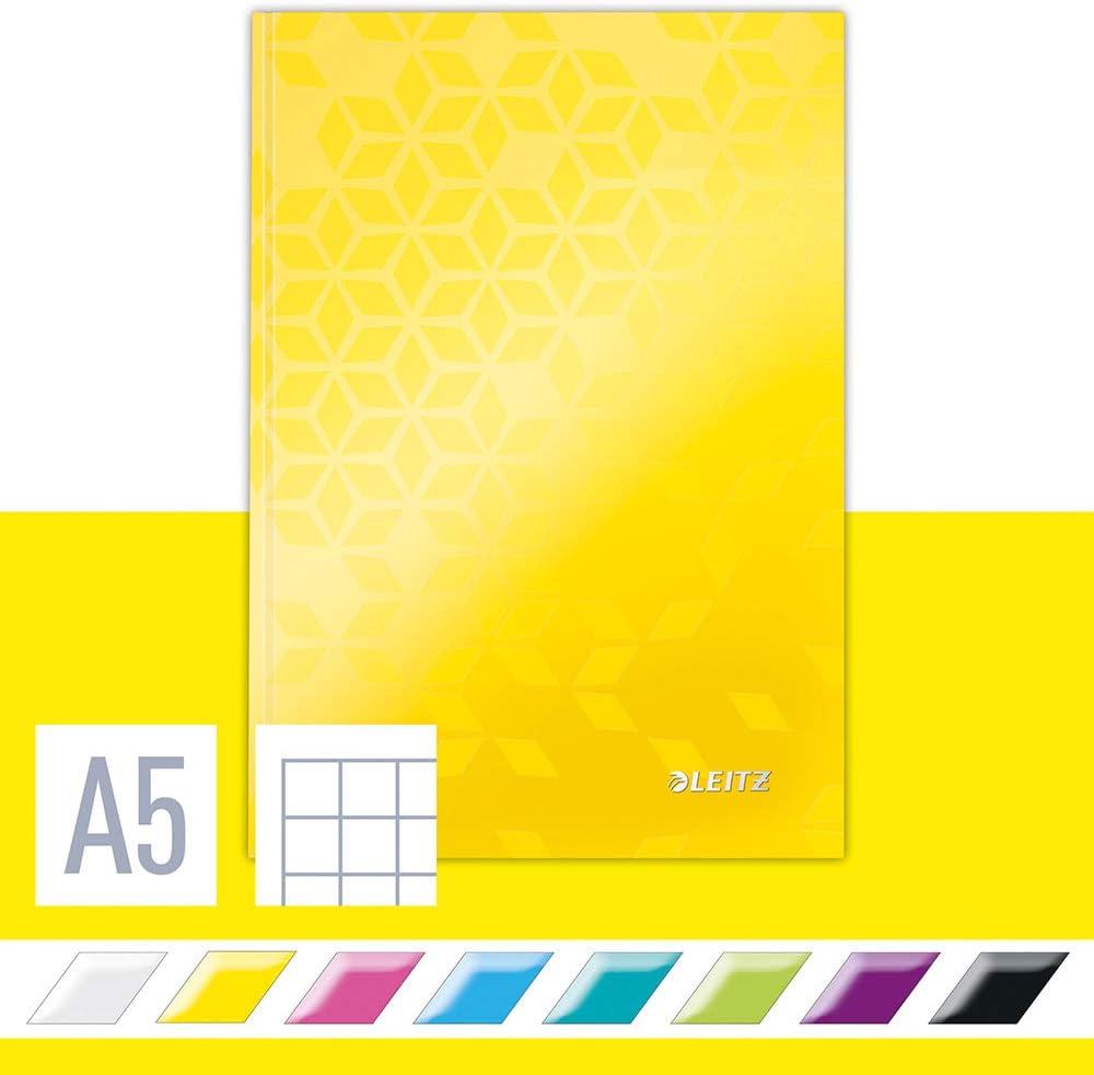 Leitz WOW Notebook A5 Squared, Hardcover, 160 Pages, 80 Sheets of FSC-Certified Paper (80 g/m²), Laminated Cover, Thread Binding, For Office, School or as a Diary, Yellow, 46281016