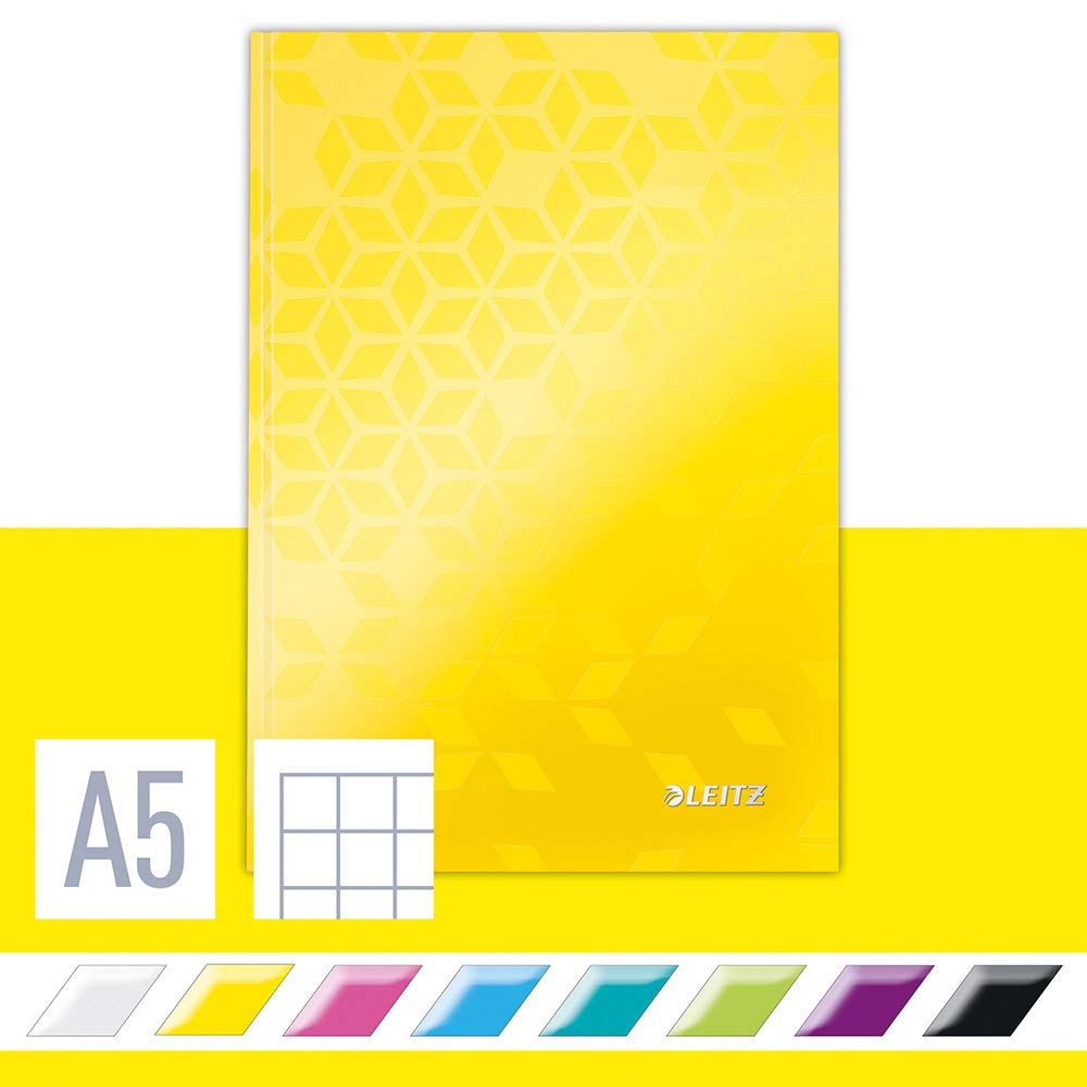 Leitz WOW Notebook A5 Squared, Hardcover, 160 Pages, 80 Sheets of FSC-Certified Paper (80 g/m²), Laminated Cover, Thread Binding, For Office, School or as a Diary, Yellow, 46281016
