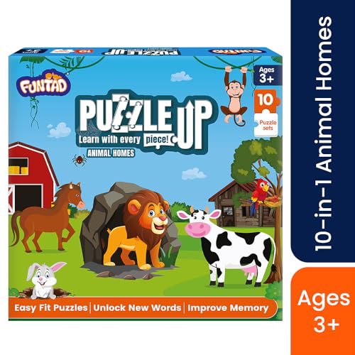 Image of Kids Puzzleup Learn Animal Homes,10-In-1 Entry Level Puzzle,45 Big Size Jigsaw Pieces,Montessori Educational Toy To Improve Memory & Unlock New Words,Gift For Boys & Girls Age 3,4 & 5 Yrs
